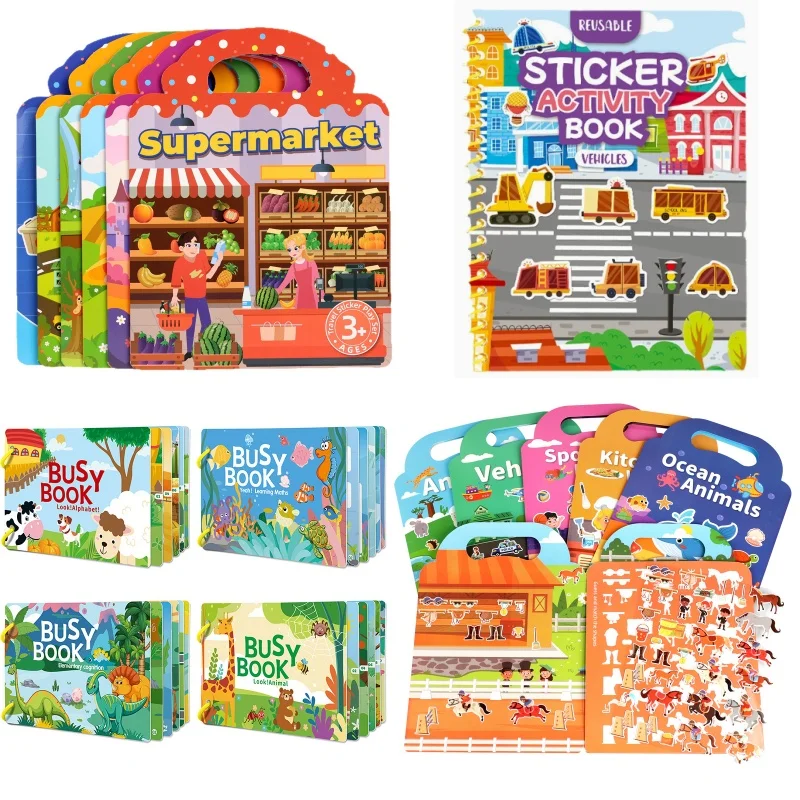 Reusable Sticker Book set Vehicles Multi-Theme cenarios Books Cartoon Animal Cognition Montessori Learning Toys