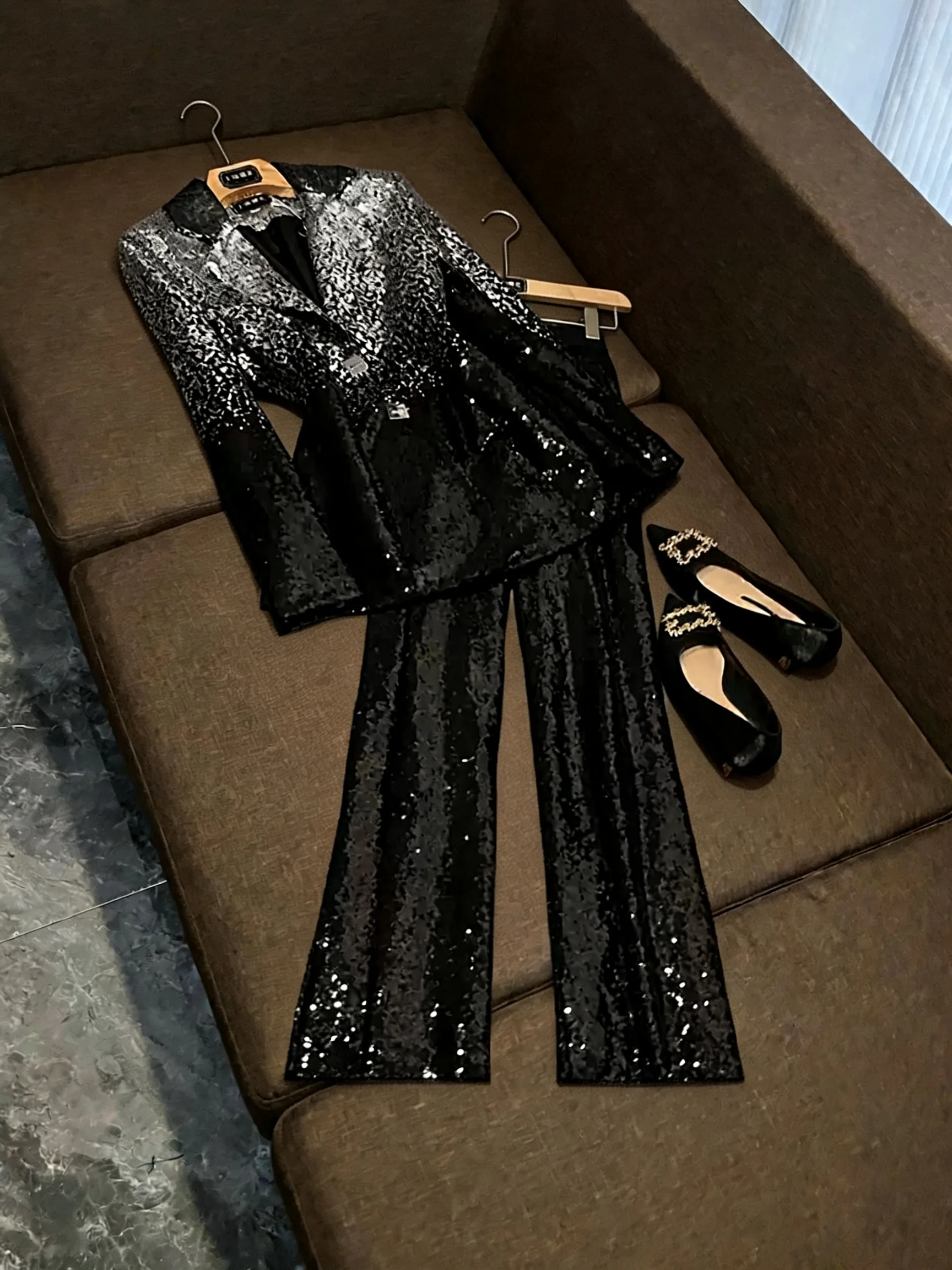 Elegant Sequin Skirt Pants Women's Black Gradient Oudh Vintage Fashion Dinner Style Long Trousers Casual Pants Natural Waist