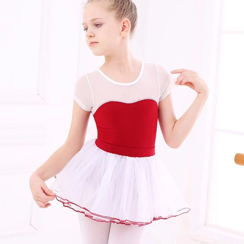 

Ballet Dress Gymnastics Leotards for Girls Kids Short Sleeve Ballet Chiffon Skirted Leotards Bowknot Dancewear