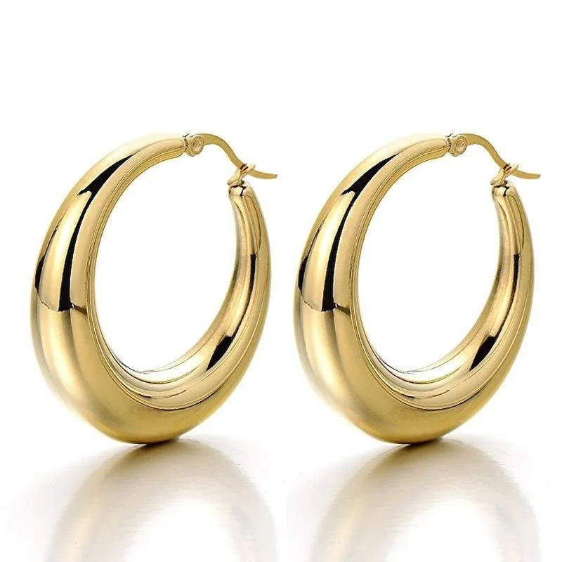 

925 Silver Needle Gold Plated Thick Hoops - Gold Color Thick Hoop Earrings - Simple Thick Hoops - Light Weight Hoops