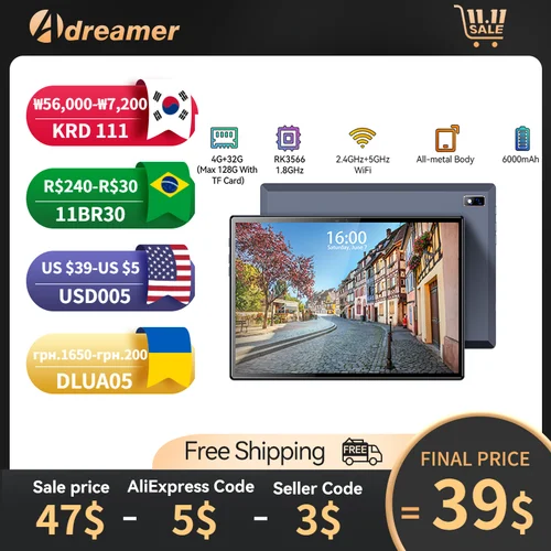 Adreamer 안드로이드 태블릿, 10.1 인치, 1280x800 IPS 디스플레이, RK3566 쿼드 코어, 4GB, 32GB, 6000mAh, 와이파이, 저렴한 태블릿 PC, 어린이 및 학생용 