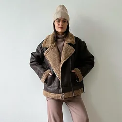 Oligai Winter Women Thick Faux Leather Coat Lapel Warm Loose Coats Long Sleeved Zipper Jacket Oversized Female Outwears