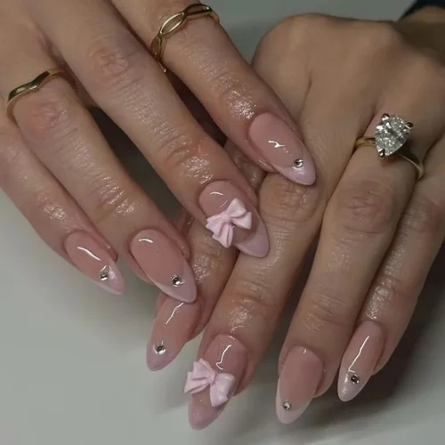 24 Uds. Parches de uñas postizas francesas rosas, prensa de almendra brillante en las uñas con decoración de lazo rosa 3D, punta de uña falsa reutilizable de estilo coreano