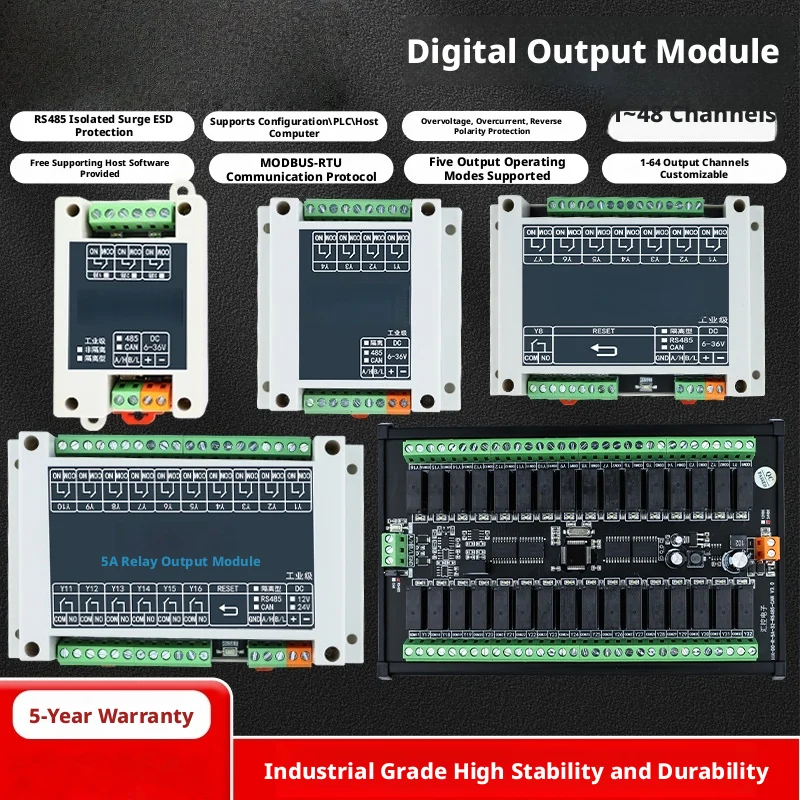 Módulo de E/S Digital Industrial: 1-64 canales, MODBUS-RTU, 6-38VDC, -40~85 ° C, RS485 Aislado, para Adquisición de Datos de Sensores