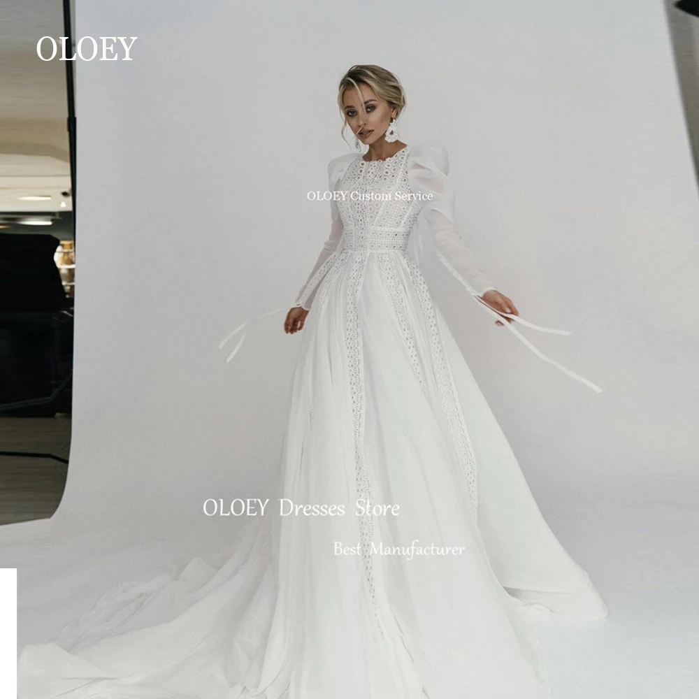 OLOEY Modest A Line Lace Wedding Dresses Boho O-Neck Long Sleeves Organza Sweep Train Arabic Women Vintage Bridal Gowns Bohemian