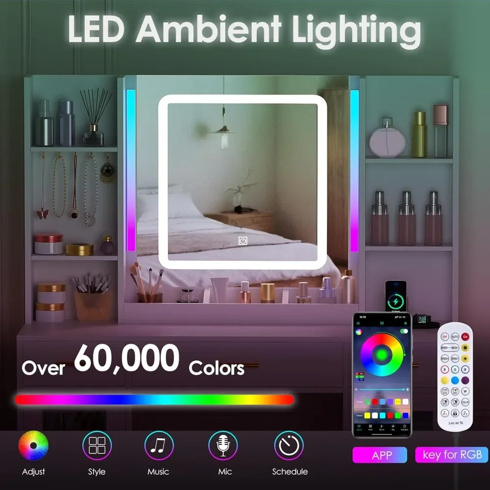 Meja Rias dengan Cermin dan Lampu 3 Warna 43,3" Meja Rias Rias dengan Lampu RGB dan Strip Daya Set Rias Besar