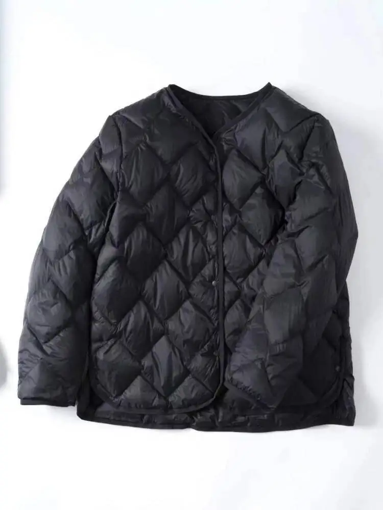 Women Lightweight Down Jacket Diamond Grid Collarless Autumn Winter White Duck Down Thickening Casual Down Coat Female Outwear