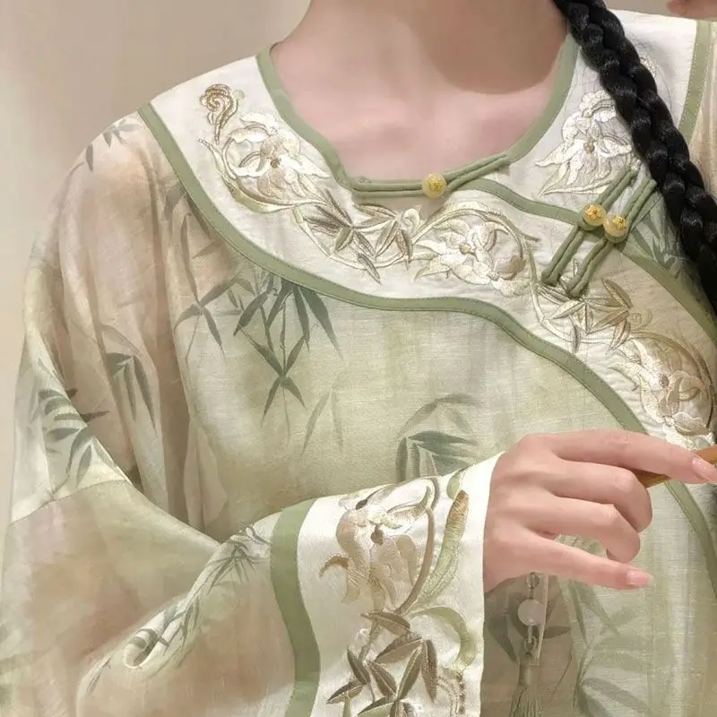 

Elegant Green Round Neck Bamboo Printed Long Sleeved Cheongsam Dress with Skirt Women 2024 Autumn Fashion Tea Dresses Qipao