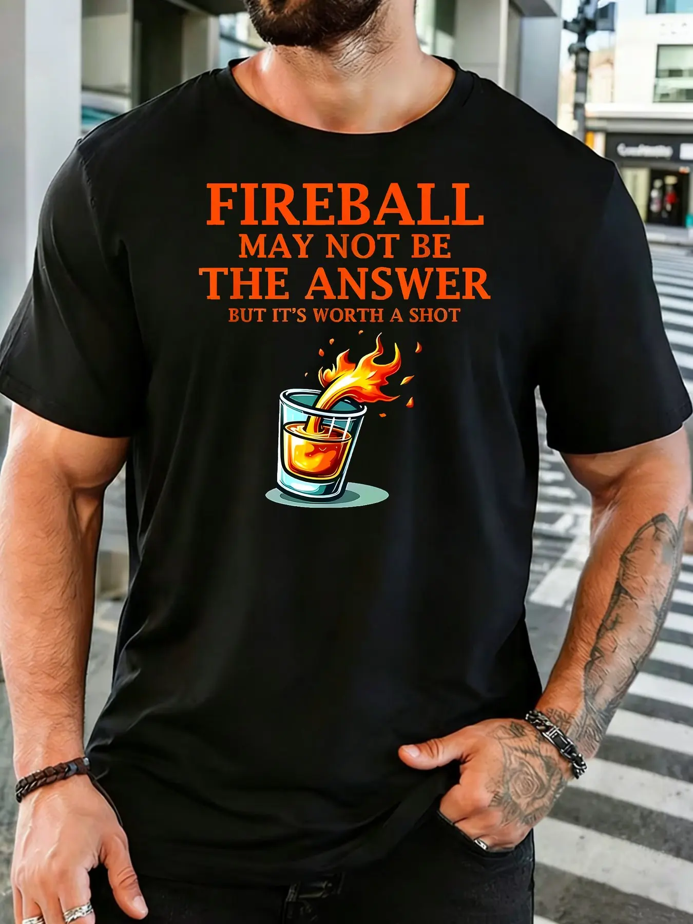 Male Bright Blue Round Neck T Shirt Orange Fireball Quote Flaming Shot Cup Print Humorous Alcohol Drinking Fan Daily Cotton Tee