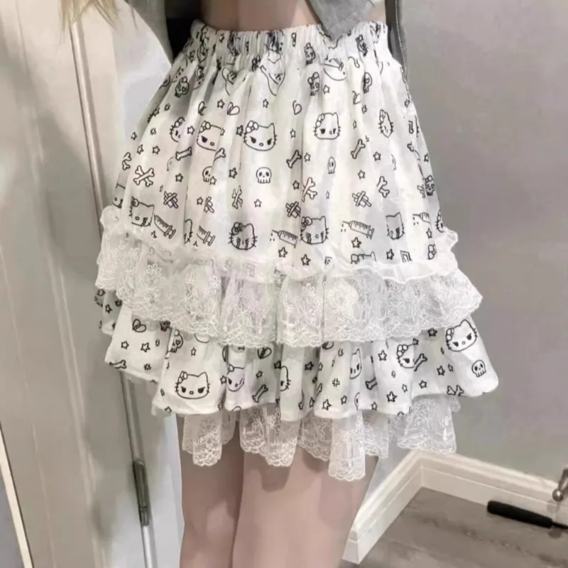 Sanrio Demon Hello Kitty Short Skirt New Girls Kawaii Y2K Sexy Lace Cartoon Anime Character Print Subculture Puffy Cake Skirt