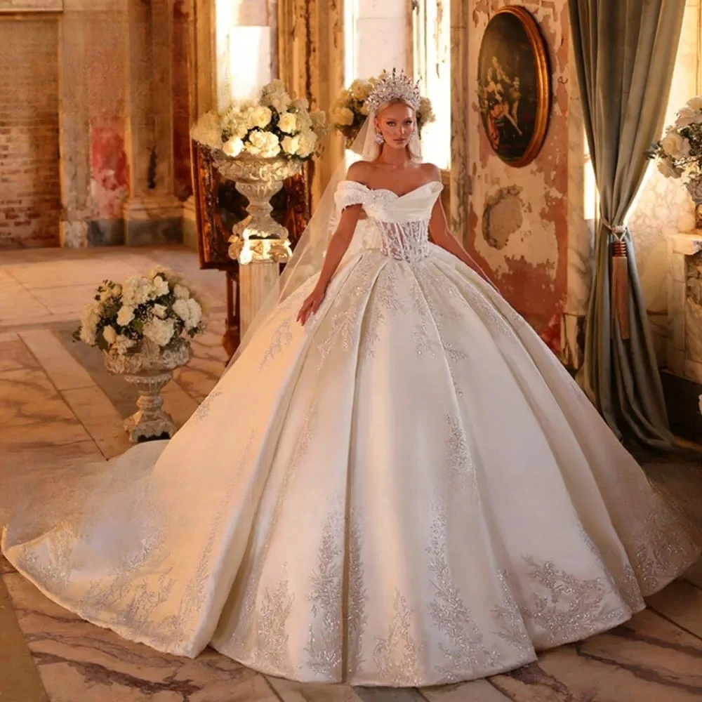 Customized Luxury Puffy Ball Gown Wedding Dresses Beaded Embroidery Appliques Lace Illusion Neck Bridal Gowns Vestido De Novia