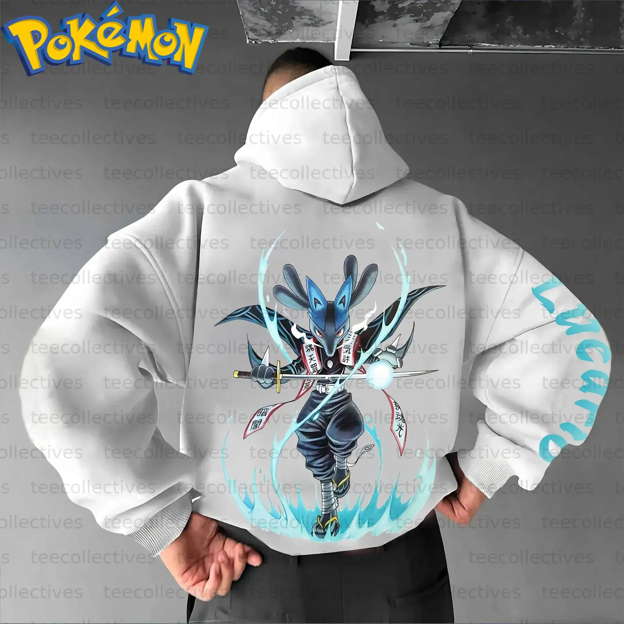 Bluza z kapturem Pokemon Anime Lucario, biała, z nadrukiem postaci i wzorem w pozycji walki z Niebieskim Ogniem, styl casual streetwear