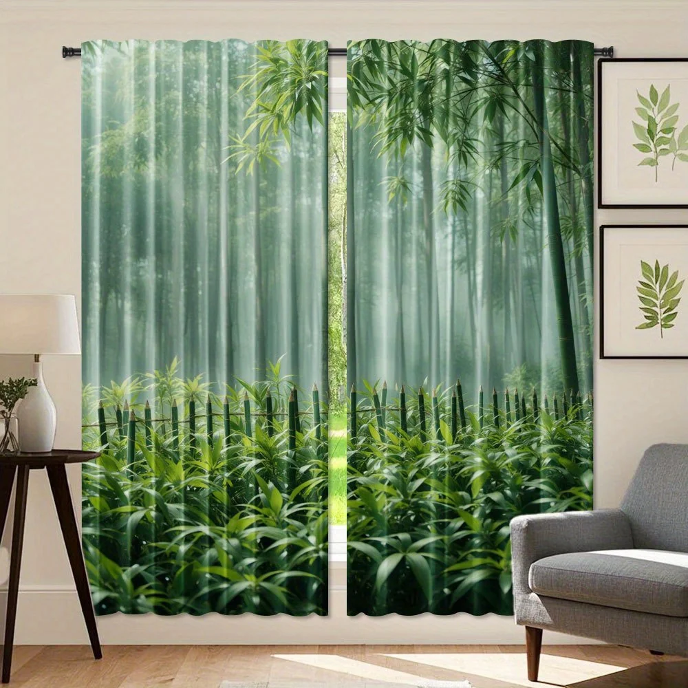 2pcs Ink Bamboo Forest Print Curtains - Rod Pocket Design, Light Filtering & Privacy Enhancing, Durable Polyester Microfiber for