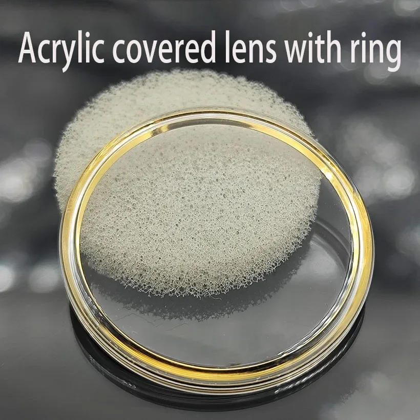 إكسسوارات الساعة خاتم ذهبي على شكل قوس دائري، خاتم فضي، غطاء مطاطي، مرآة ساعة أكريليك، مقاس 21-35 ملم مع عدسة ساعة حلقية