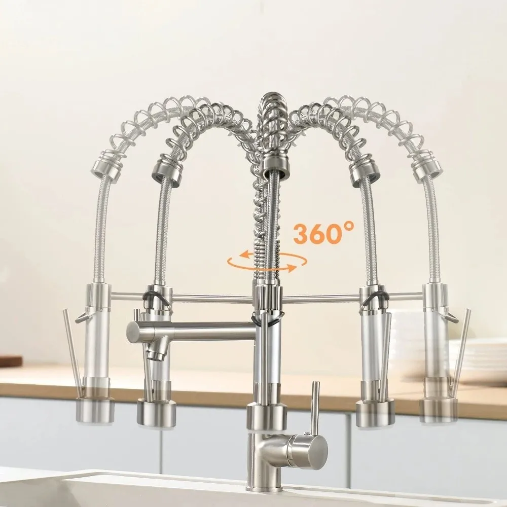 

Double Output Kitchen Spring Faucet High Pressure Stainless Sink Faucet 360° Rotating Vertical/wall Mounted Hot/Cold Faucets