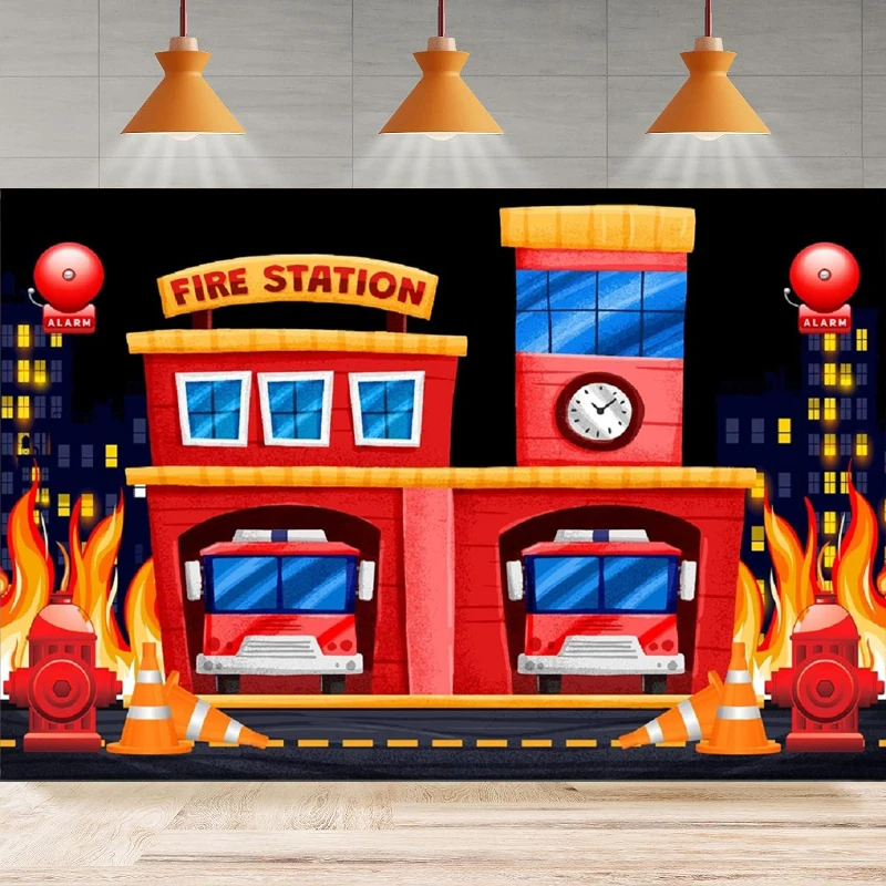 Fire Station Photography Backdrop Party Fire Truck  Alarm Bell Fire Hydrant Fire Poster Background Wall Home Party Decor Banner