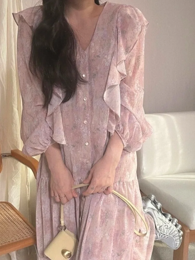 Coreano Sle Splice Lace Trim Chiffon floreale Dr Primavera da donna Nuova delicata gonna lunga stretta in vita retrò Pendolari Sle