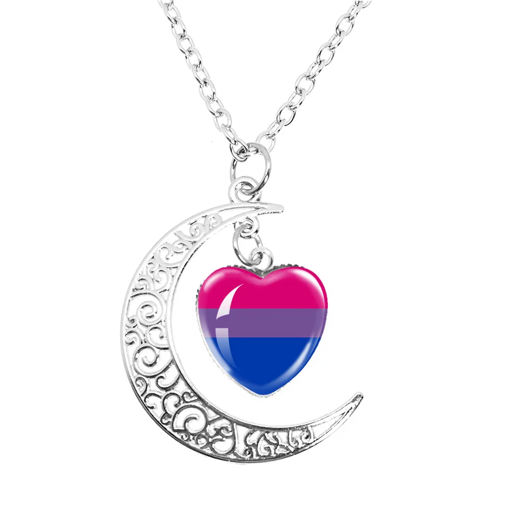 Gay Pride Rainbow Flag Peach Heart Moon Necklace Lesbian LGBT Pride Bright Color Glass Cabochon High Quality Chaveiro Gay Gift