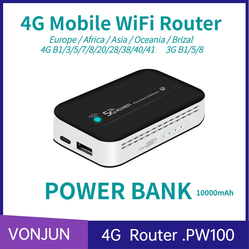 Banco de Potência Portátil para 4G LTE, Roteador Móvel, USB Tipo-C, Hotspot, Bolso WiFi, 10000mAh, Mifi Sem Fio, PW100