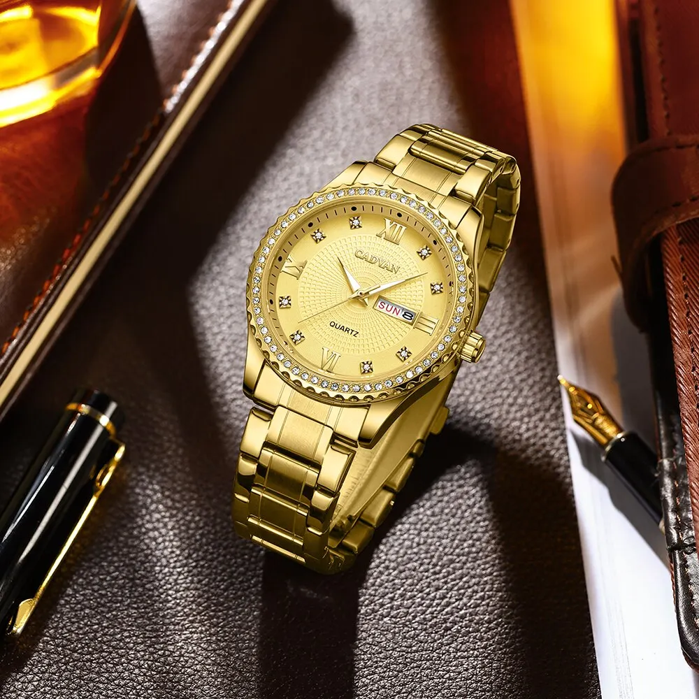 Cadvan Gouden Luxe Heren Horloge Rvs Date Klok Mannen Sporthorloges Mannen Quartz Casual Polshorlogio Relogio Masculino