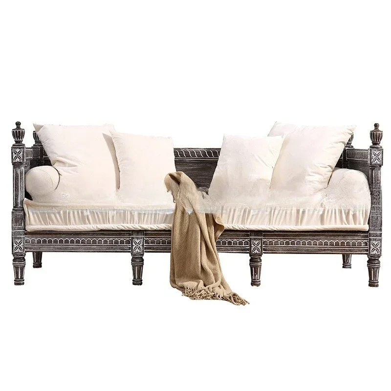 

American country solid wood sofa furniture retro oak carved fabric soft bag cafe casual sofa