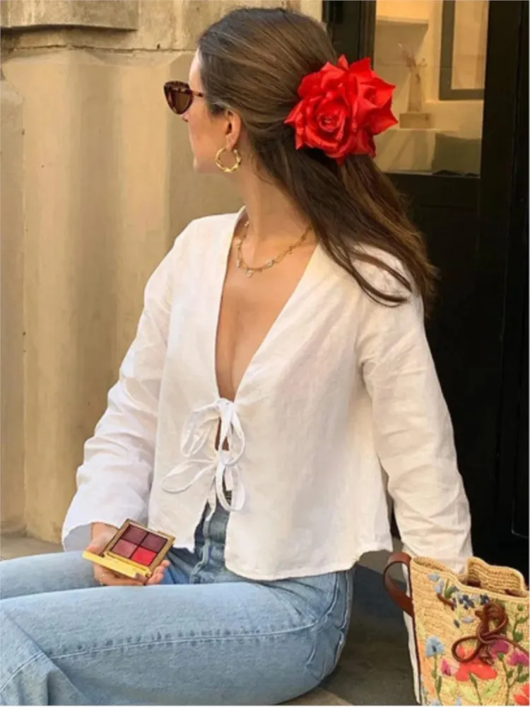 

Fashion Bow Lace Up Shirts Women White Hollow Out V Neck Long Sleeve Femlae Top 2024 Summer Elegant Loose Cotton Lady Tops