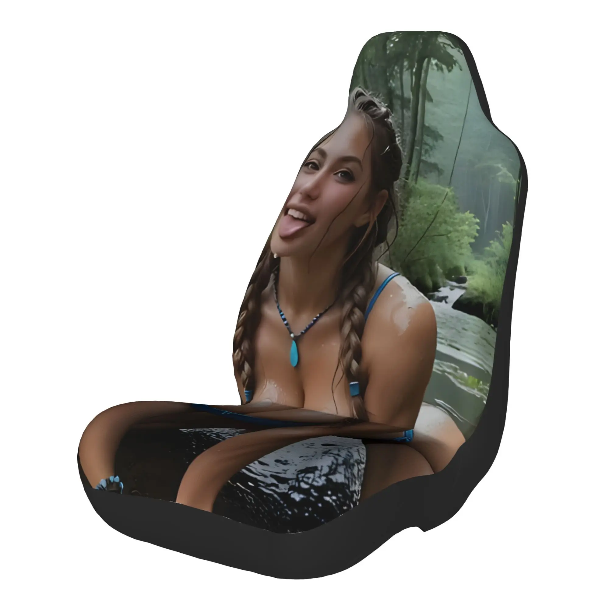 2pcs A Stunning Woman In A Blue Bikini Enjoys A Refreshing Dip In A Forest Stream On A Misty Day.Car Seat Covers, Suitable For A
