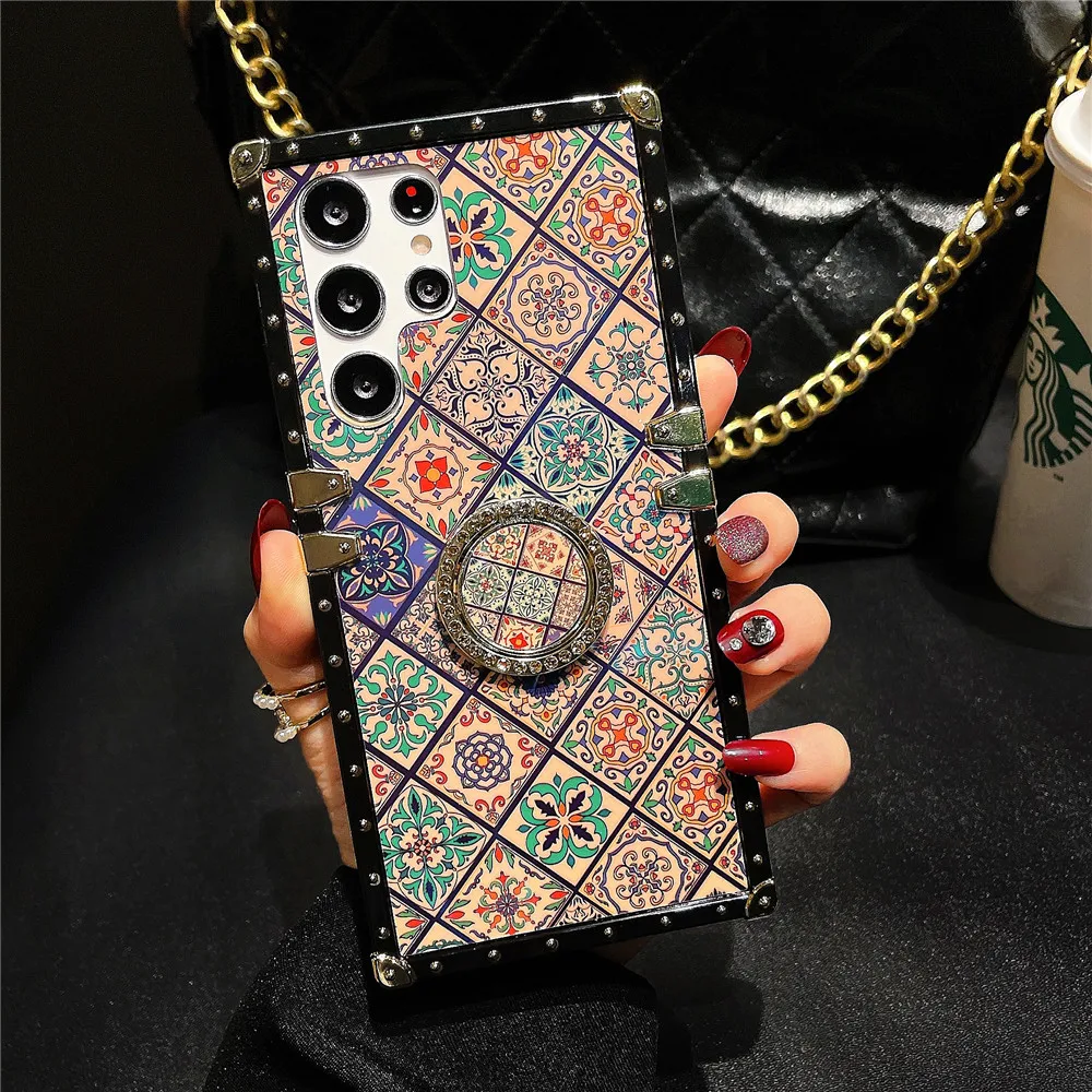 Fashion Retro Flower Pattern Plaid Cover For Samsung Galaxy 22 Plus Geometric Phone Case For Samsung Galaxy S22 Ultra