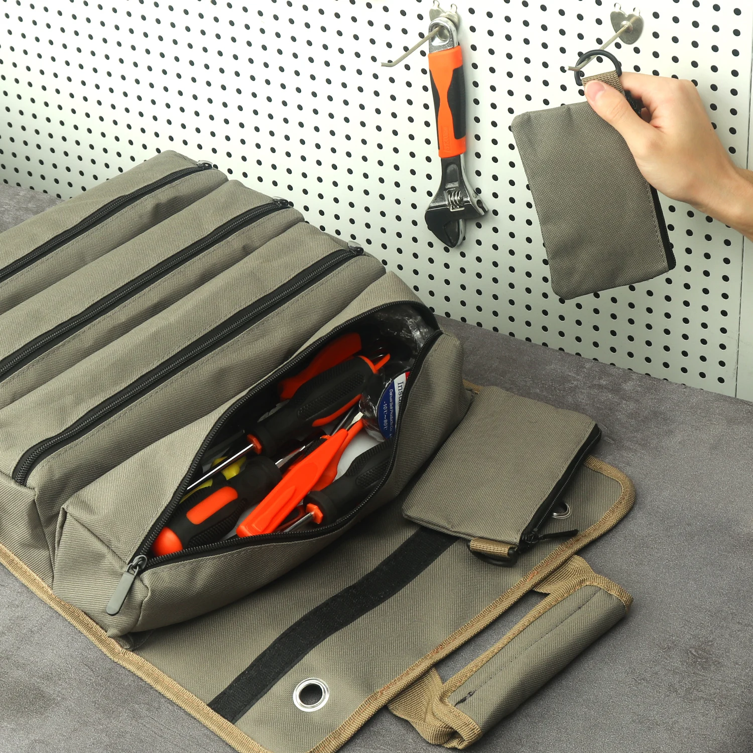 WESSLECO Portable Roll Up Tool Bag With 2 Detachable Pouch Heavy Duty Tool Roll Organizer For Mechanic Electrician