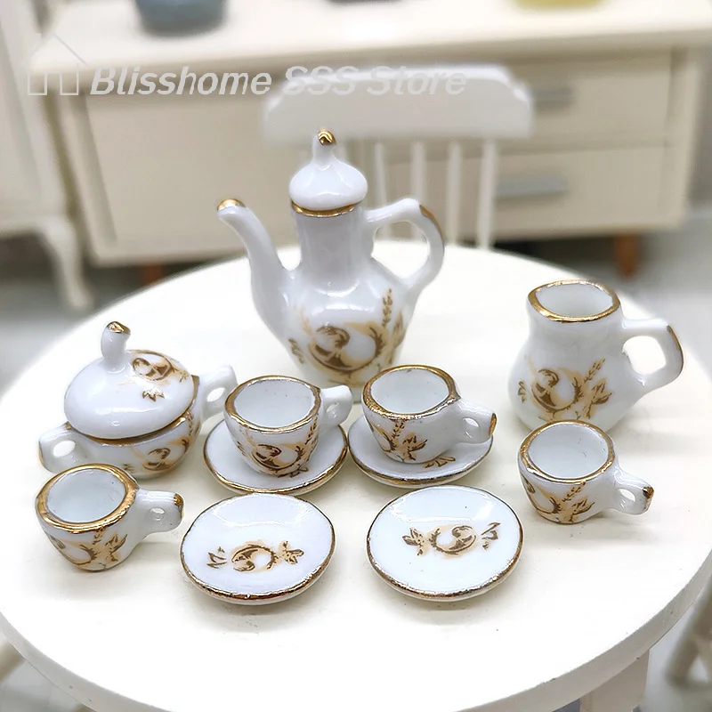 

【S】11Pcs/set 1:12 Dollhouse Miniature Ceramic Brown Rose Teapot Tea Set Wine Set Tableware Mini Tea Cup Wine Glass Model