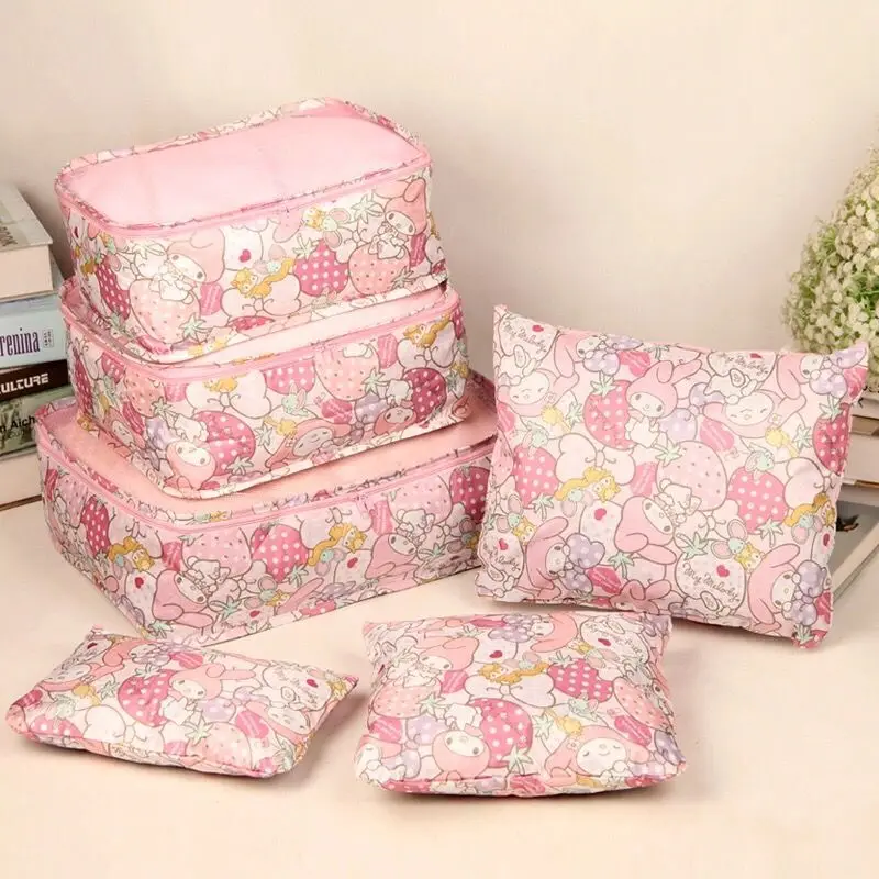 Cute Cartoon My Melody Business Trip Travel Packing Clothing Luggage Organizing Bag Travel Buggy Bag Six-Piece Set