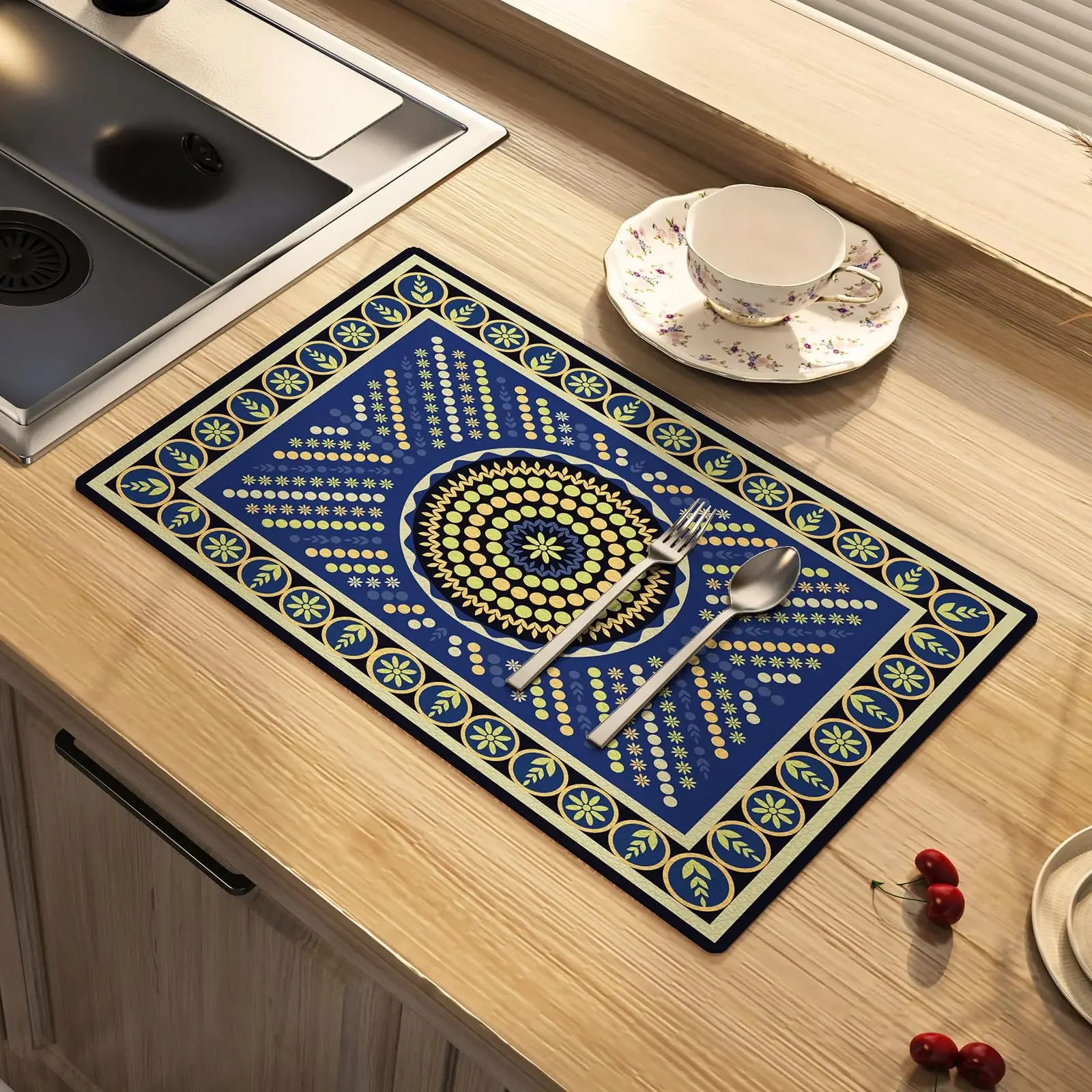 Dish Drying Mat Bohemian Absorbent Coffee Mat Rubber Backed Moroccan Soft Silicone Kitchen Bathroom Coffee Bar