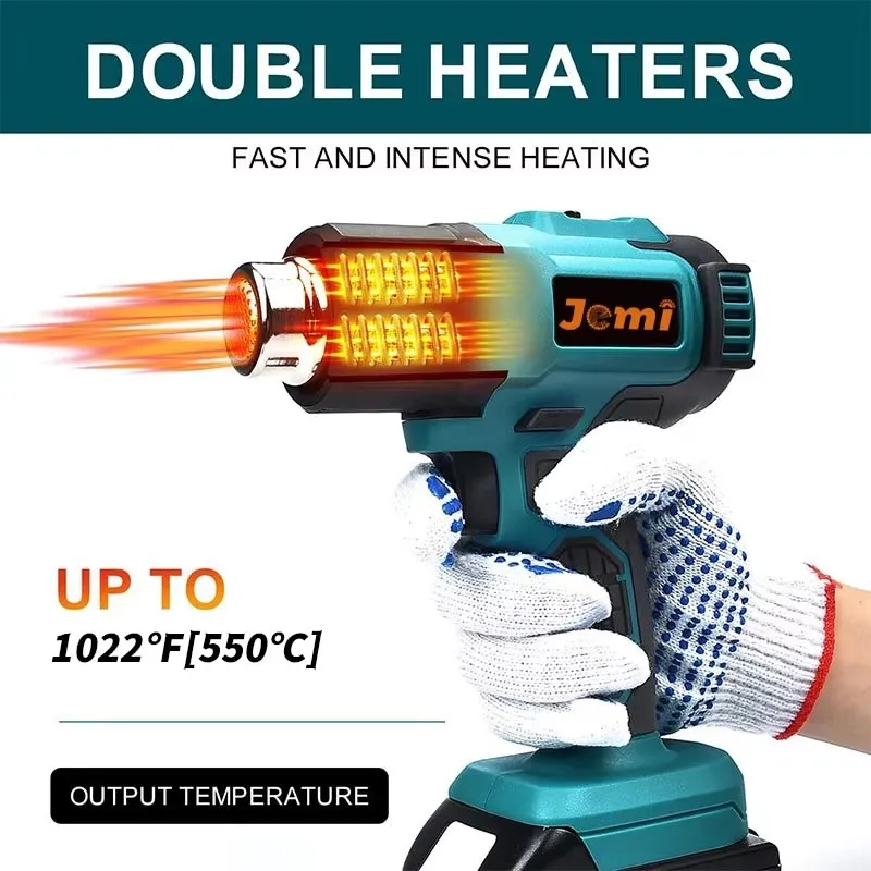 Jemi Tool 18V/21V Cordless Heat Gun, 1022°F Maximum Adjustable Temperature, 3 Nozzles for Crafts, Shrink PVC, Paint Peeling