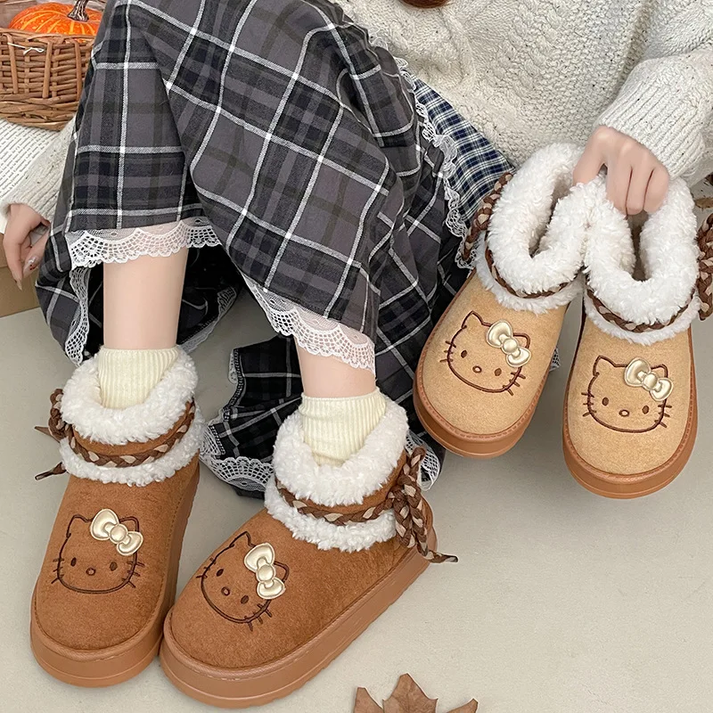 

2024 New Anime Cartoon Hello Kitty Cute Pompon Fur Winter Warm Snow Boots Fluffy Boots Shoes Christmas Gift Birthday Present