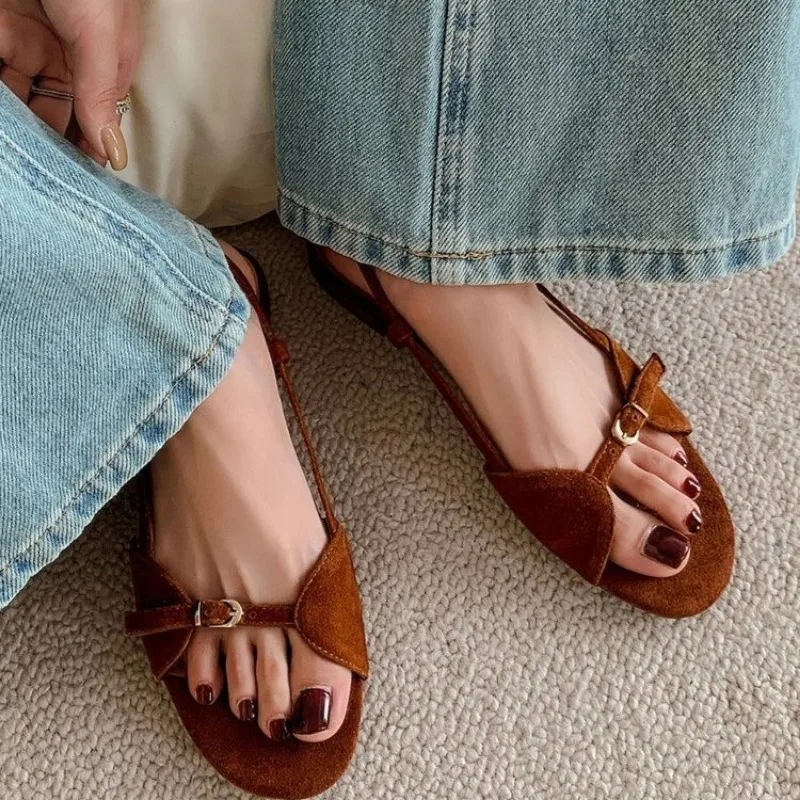 

Genuine Leather Nubuck Open-toe Sandals Women's Summer Flat Belt Buckle Hollow White Versatile Sandals Shoes