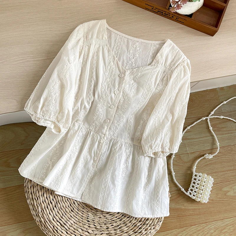 

Sweet Embroidered Loose Lantern Sve V-Ne Women's irt Korean Sle Casual Cotton Blend Faionable Summer Top