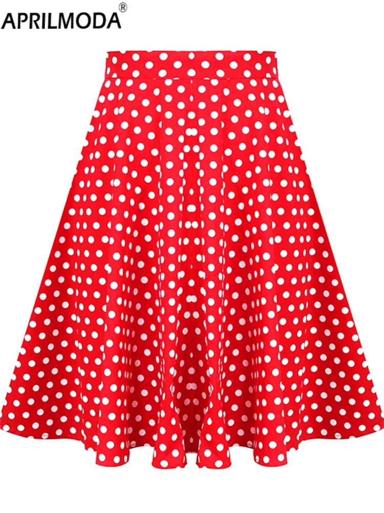 2024 Red A Line 1950s Style Summer Women's Skirts Polka Dot Print High Waist Tea Flare Runway Vintage Skirt