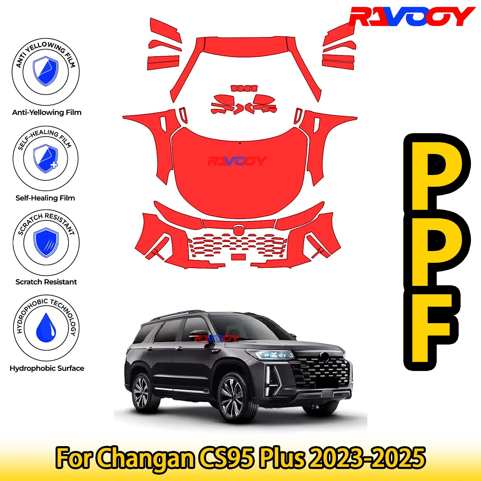 ل Changan CS95 Plus 2023-2025 لامع أسود غير لامع قبل قطع الجبهة PPF عدة طبقة حماية الطلاء