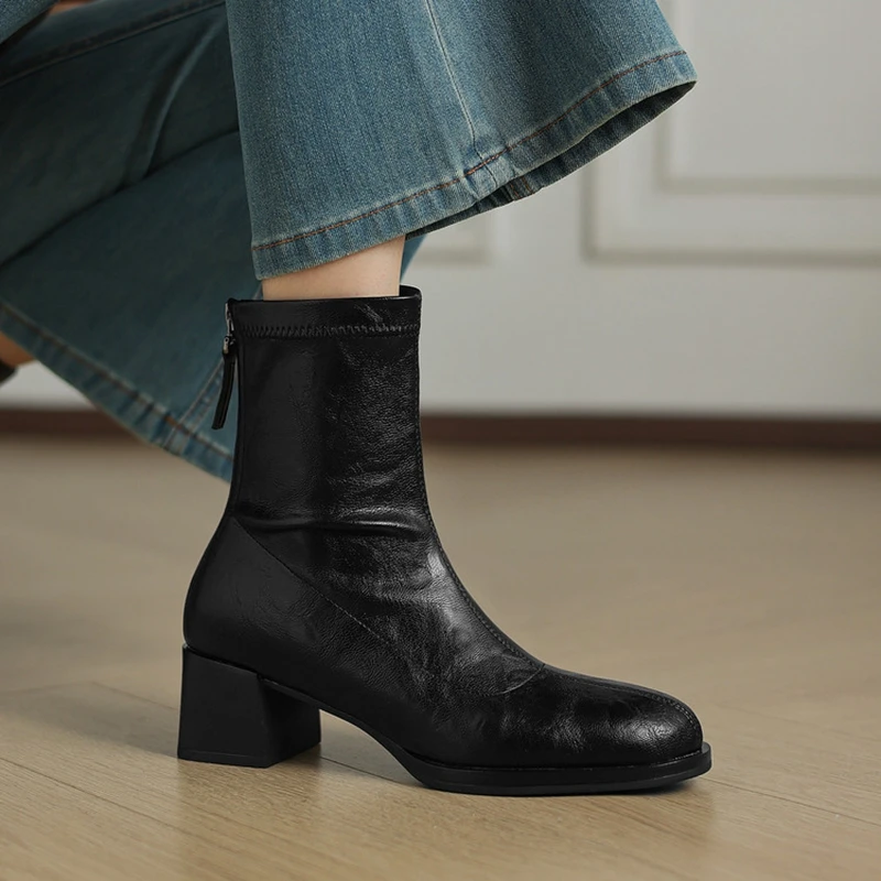 

Women's new autumn and winter square toe and calf high heel zipper elastic boots slim boots retro short boots