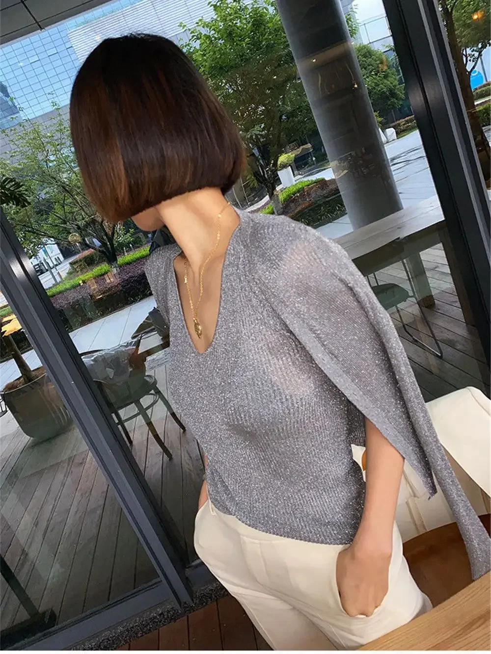 Korean New Gold Silver Knitted Cardigan With Pearl Button Women Bright Silk Thin Sweater Coat Sexy V-Neck Knitwear Tops V772