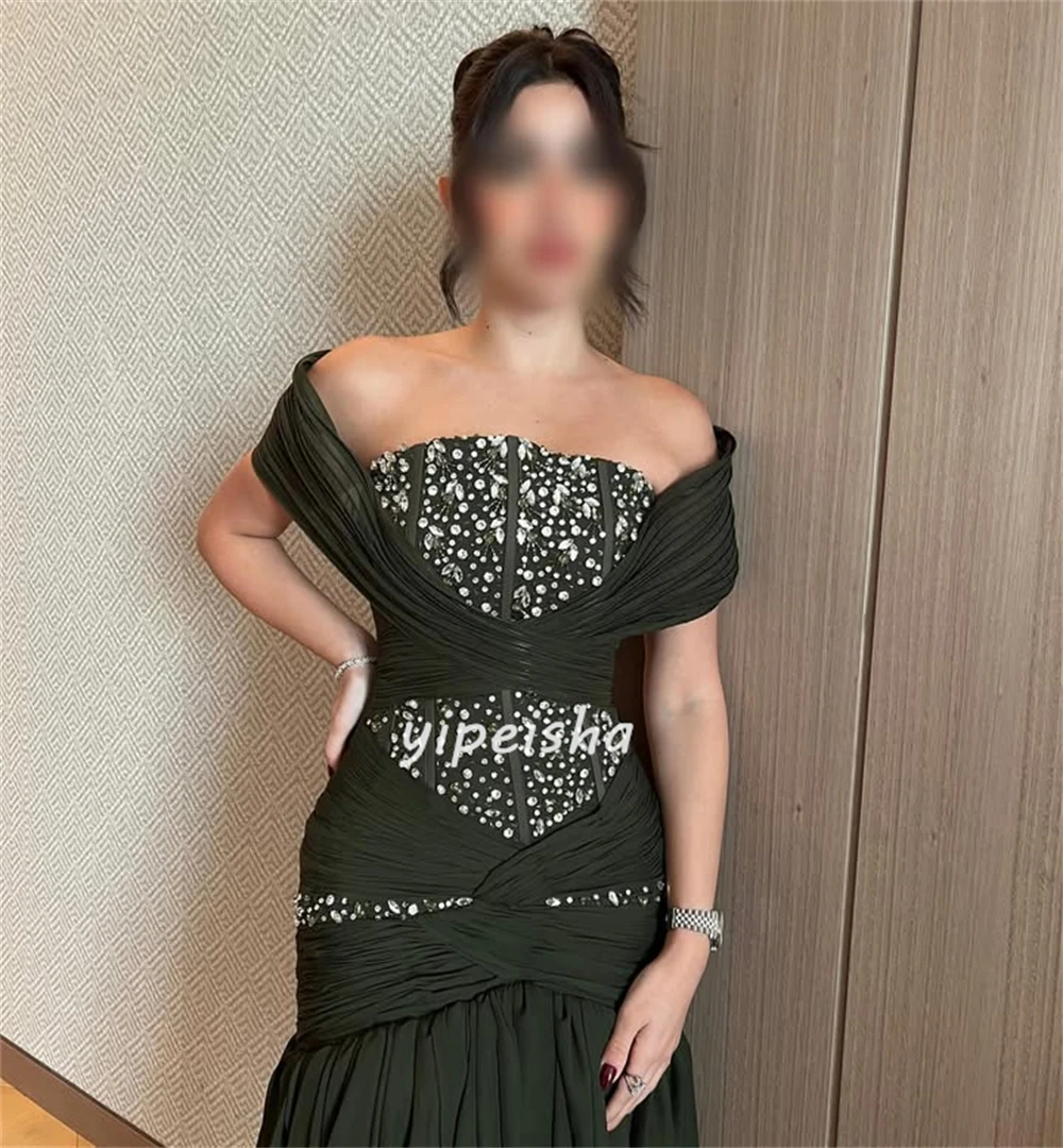 Personalizado de alta qualidade moda chiffon lantejoulas miçangas sereia fora do ombro vestidos longos sob medida vestidos de ocasião combinando