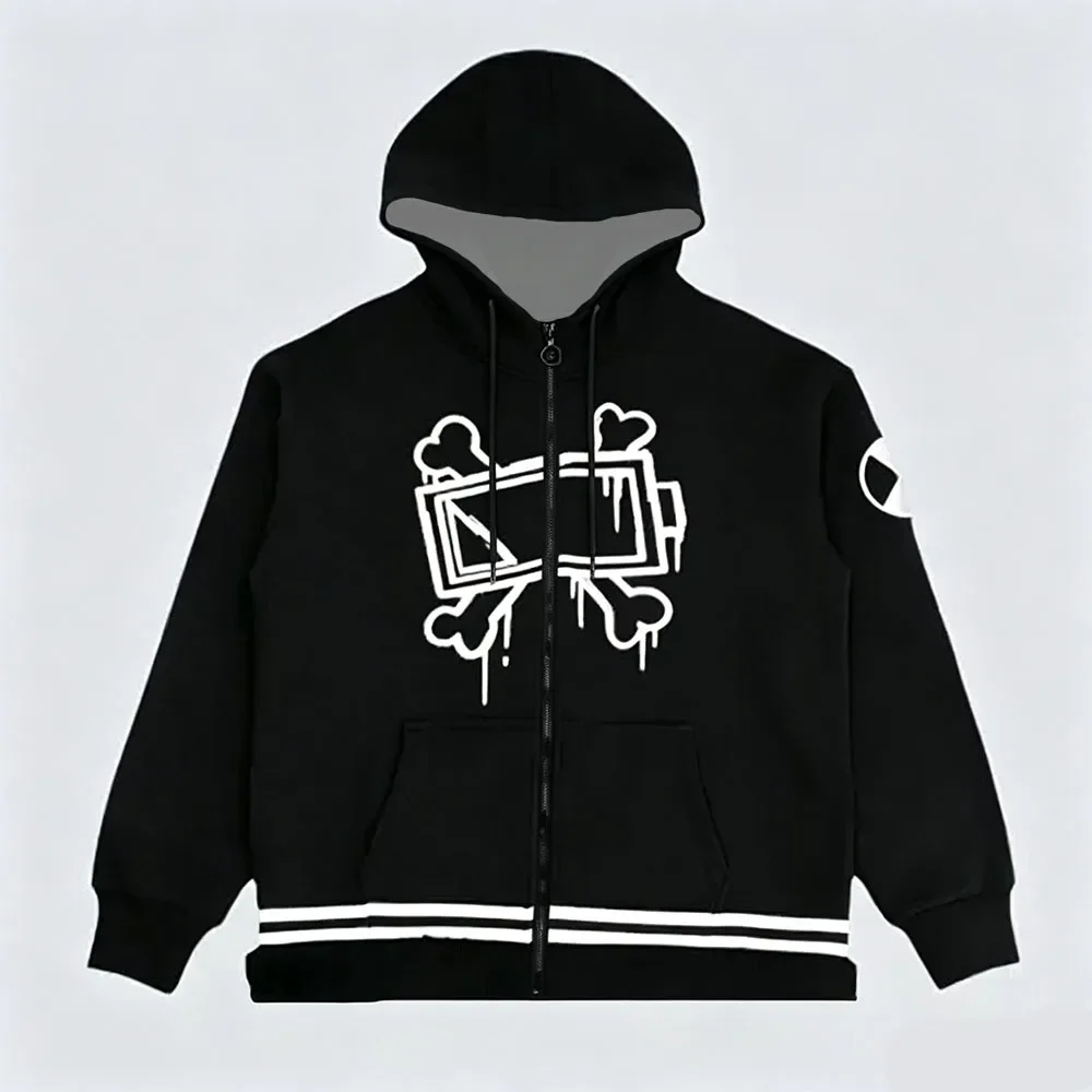 Reißverschluss-Hoodie Unisex Totenkopf Streetwear Hip Hop Lässiger Langarm-Sweatshirt-Oberteil Cool Locker Cartoon Vintage Graffiti – Detail 2