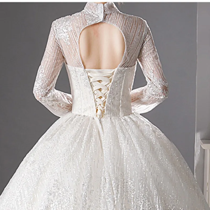 Customized High Collar Beads Long Full Sleeve Sparkling Splendid Wedding Dress For Women Vestido De Noiva Brides Ball Gown Lorie