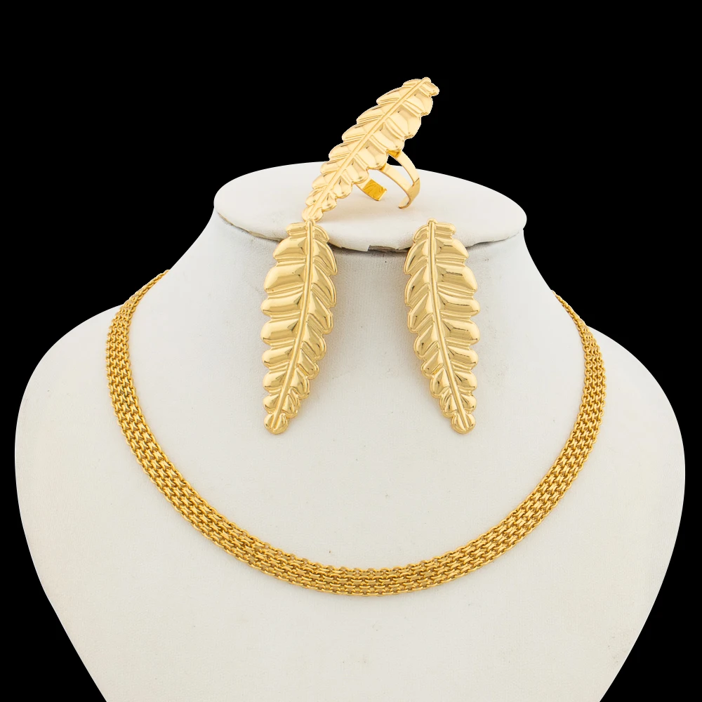 

Luxury Gold-Tone Leaf Necklace Earrings Bangle Ring Wedding Bridal Jewelry Set for Women Party Gift Jewellery Woman Chic