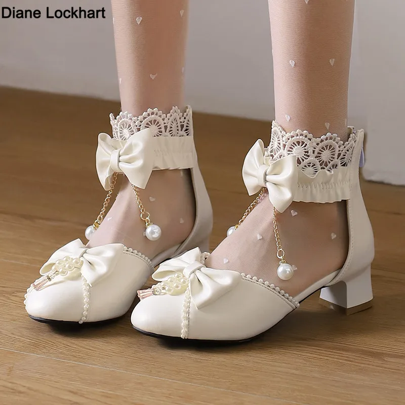

Романтические сандалии Мэри Джейн в стиле Лолиты с боковой крышкой на открытом каблуке, нежный вышитый бисером, женский бант, кружевной край, молния сзади, стиль принцессы