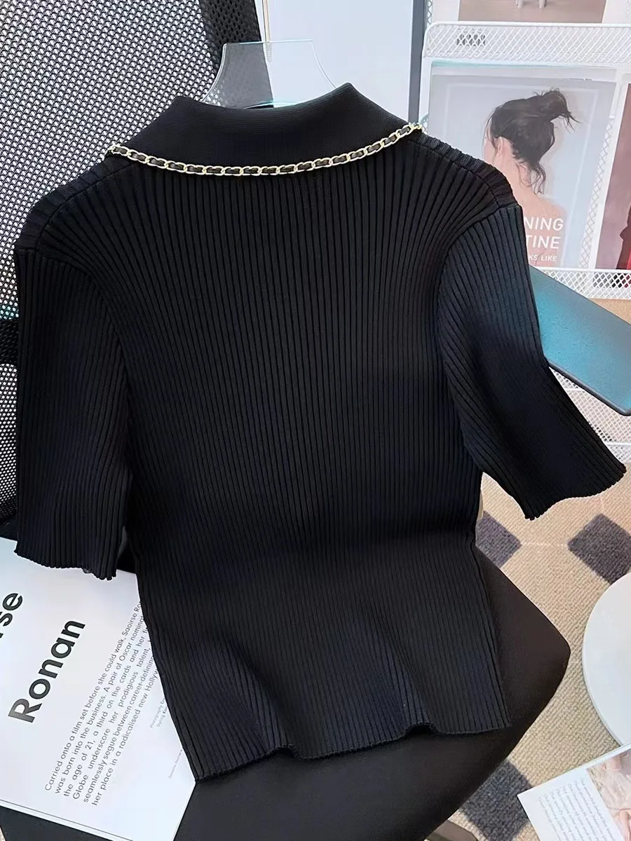 New Summer Women\'s Knitted Sweater Polo Collar Slim Fit Cropped Tops Chic Zipper Short Knitwear Pullover Female Casual Jumper