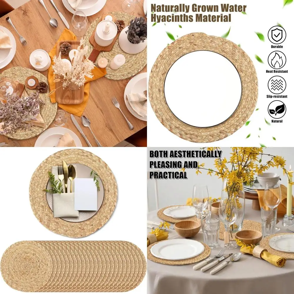 

24 Pack 13.5 Natural Woven Water Hyacinth Placemats, Handcrafted Boho Style Rattan Table Mats for Home Dining and Holiday Use