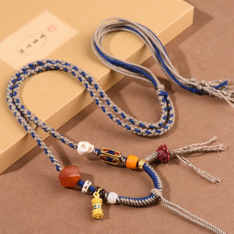 

Tibetan Hand Rub Cotton Necklace Rope Crafts Amulet Thangka Pendant Lanyard Men and Women Retro Ethnic Style Adjustable Lanyard