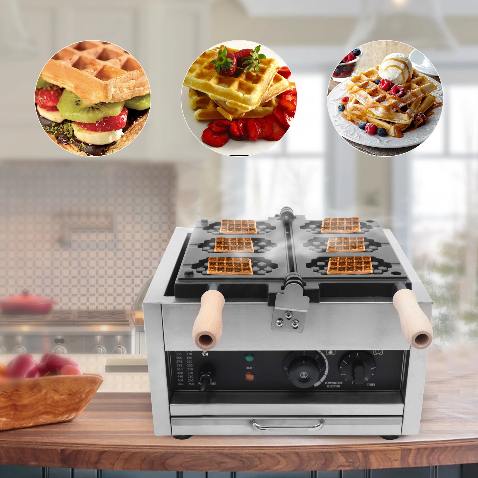 Máquina para hacer gofres de 3 gofres, 110V, enchufe estadounidense, 1400W, máquina para hacer tortitas de acero inoxidable, antiadherente, calefacción de doble cara, temperatura ajustable para cafetería en casa