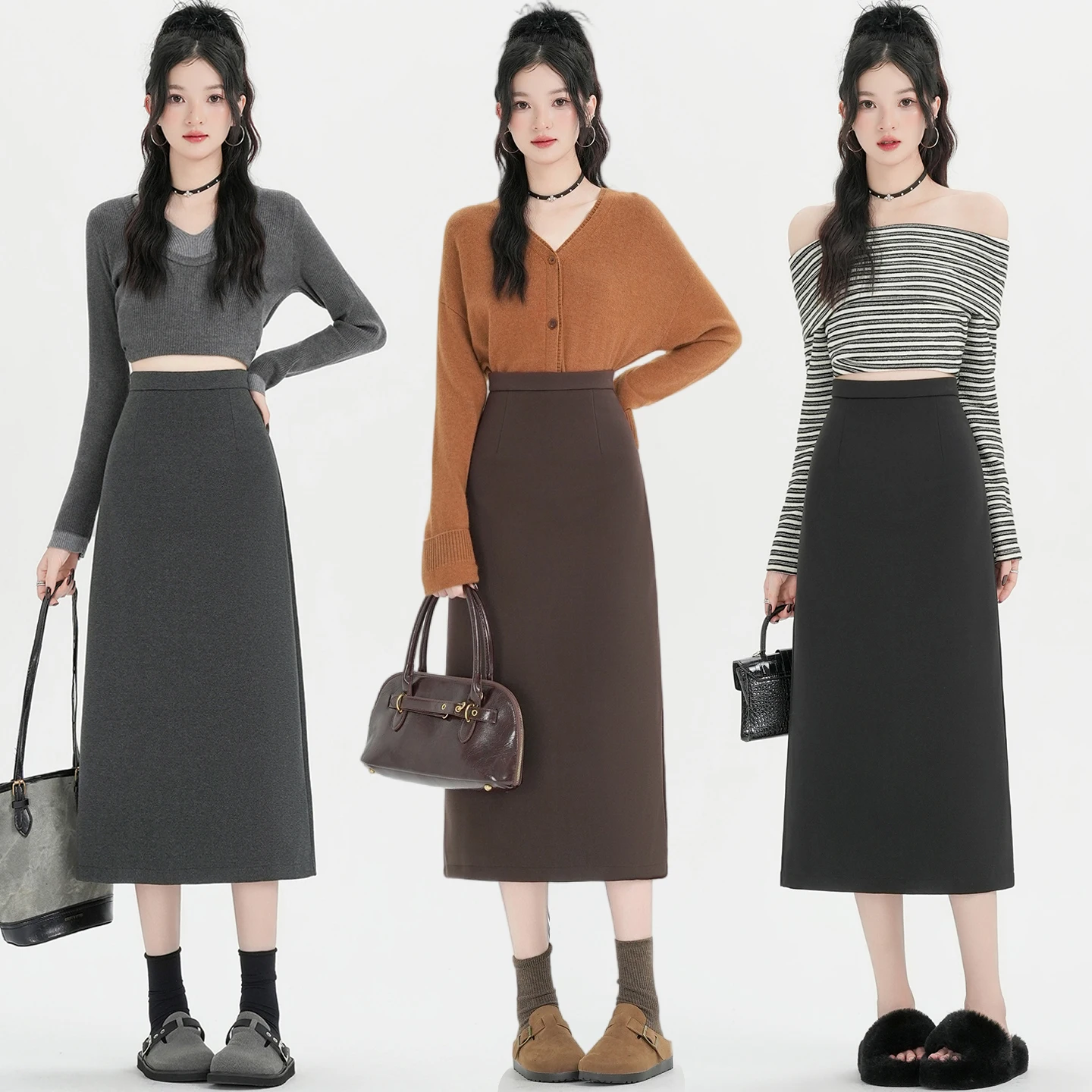 

Bla Woolen Midi Straight Cut Skirt Women's Autumn Winter Slimming A-Line Skirt High Waist Commute Sle Thiened Fabric